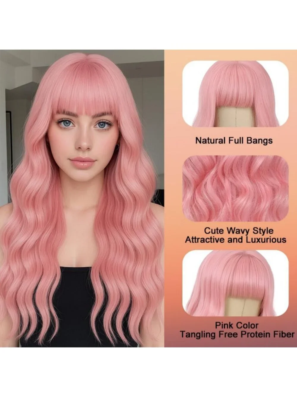 26-Inch Pink Wavy Curly Wig with Bangs | Soft Fiber, Adjustable Cap for Daily